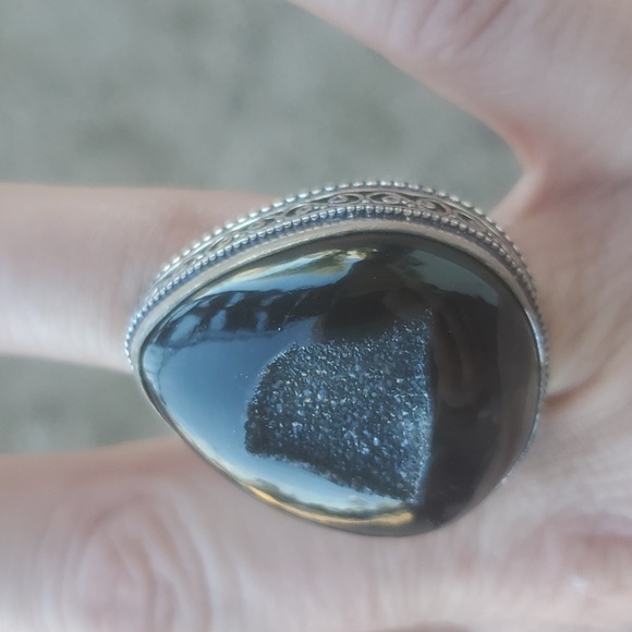 New Oversized Black Agate Druzy 925 Silver Ring. - Picture 9 of 16